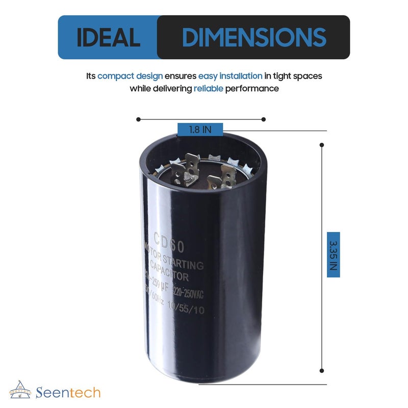 Seentech 216-259 ميكروفاراد / مكثف مبدئي دائري 220-250 فولت تيار متردد ±20% CD60 لمحرك كهربائي 50/60 هرتز مناسب عالميًا لتشغيل محرك التيار المتردد أو بدء المروحة وتكييف الهواء أو مضخة الحرارة - Image 4